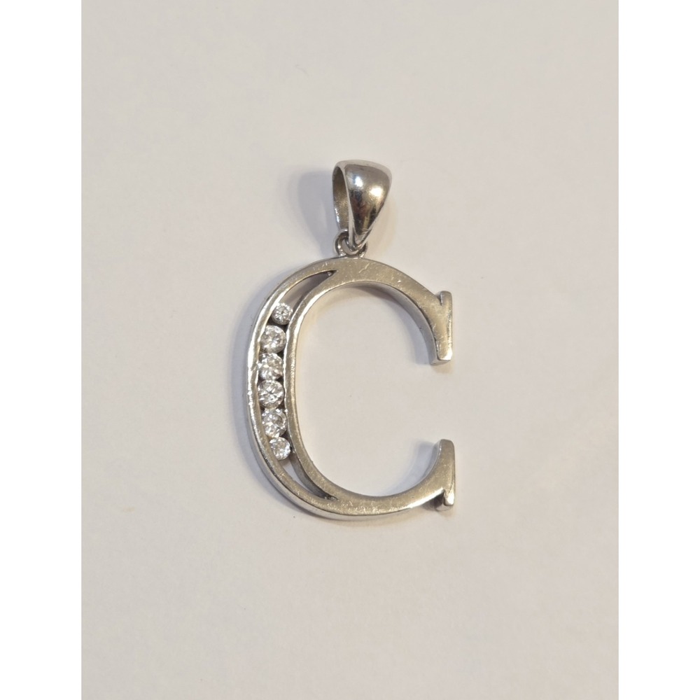 Sterling Silver C Initial Pendant Track Set Cubic Zirconia 925